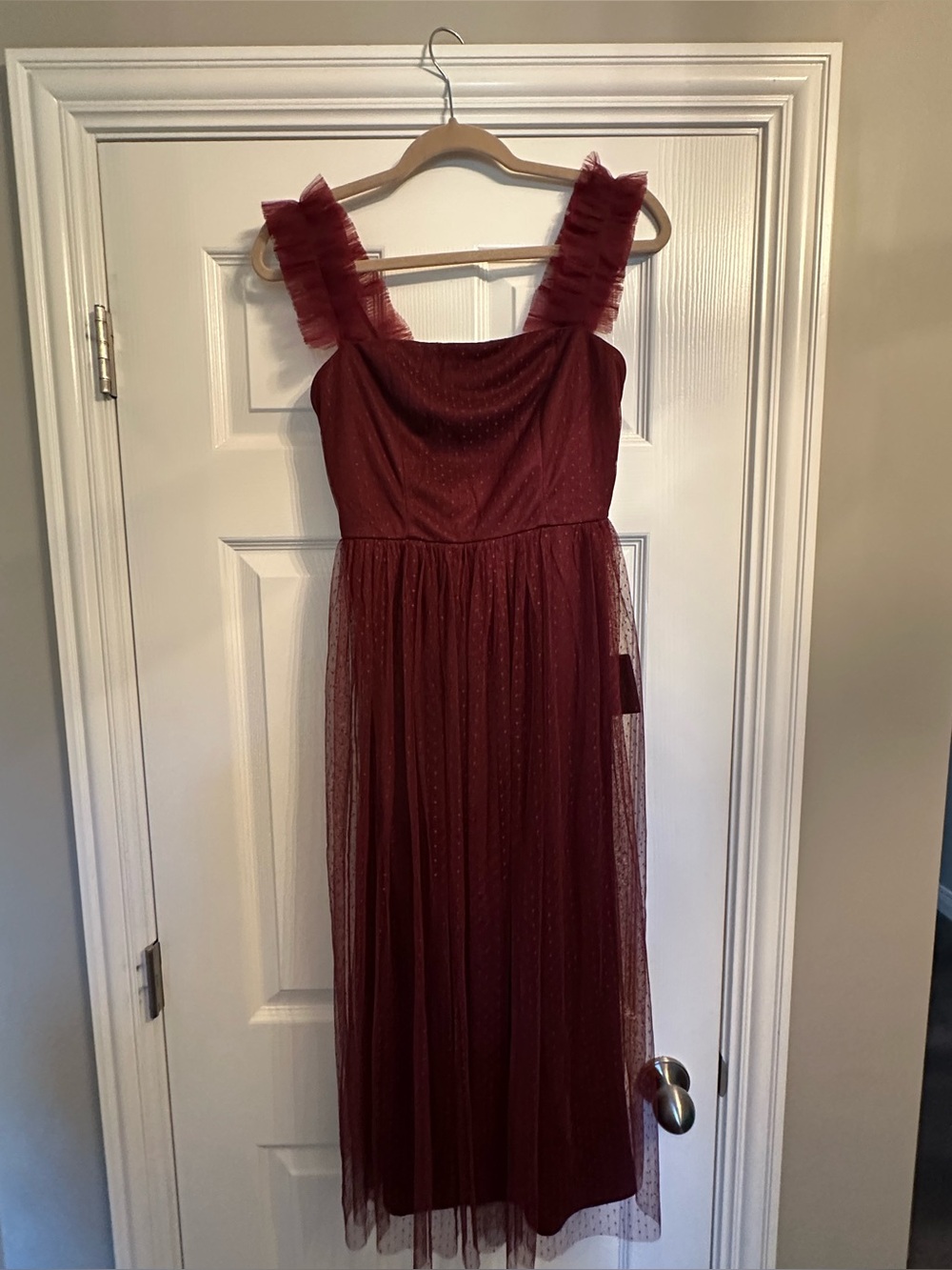 Lulu's Burgundy Ruffled Strap Tulle Midi Dress